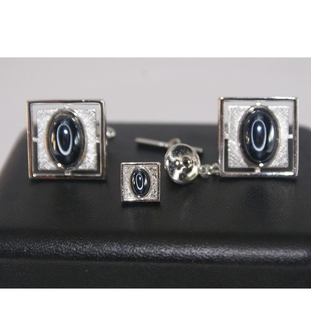 Vintage Sears Collectors Choice Mens Cufflinks & Tie Tac Silver Tone Black Stone